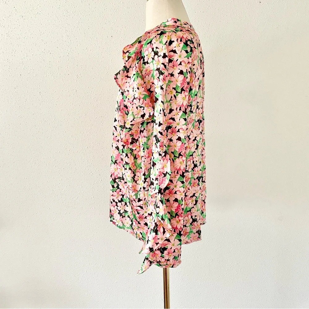ZARA Women's Size Medium Pink Floral Long Sleeve V-Neck Ruffle Loose Blouse Top - Picture 5 of 11